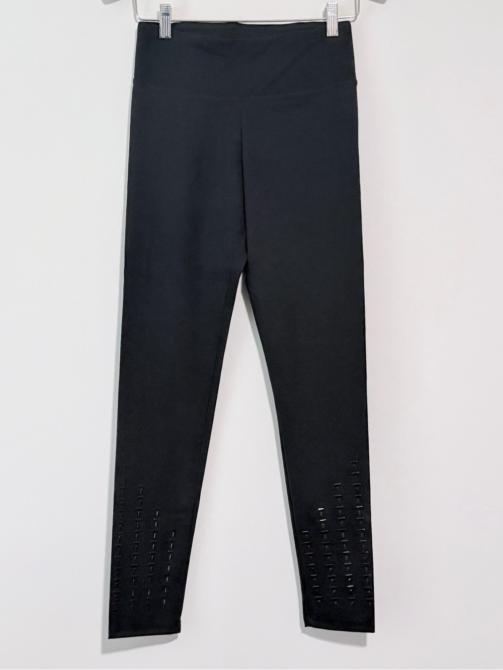 High-Rise Black Leggings with Subtle Ankle Embellishment Detail